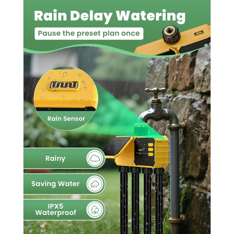 4 Zone Solar WiFi Sprinkler Timer, Smart Water Timer for