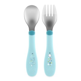 Chicco Stainless Steel Cutlery Set, Baby Set, Fork and Spoon for Children, Easy Grip, 2 Pieces, 18M+, Light Blue