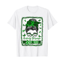 Messy Bun Bandana Woman Green Ribbon Kidney Disease Warrior T-Shirt