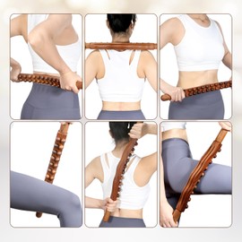 Wood Therapy Guasha Wood Stick Massage Tools, Lymphatic Drainage Massage Stick, Stomach Cellulite Massager, Myofascial Release Tool, Ease Pain Self Body Sculpting, Mountable Handle Double Row 20 Beads