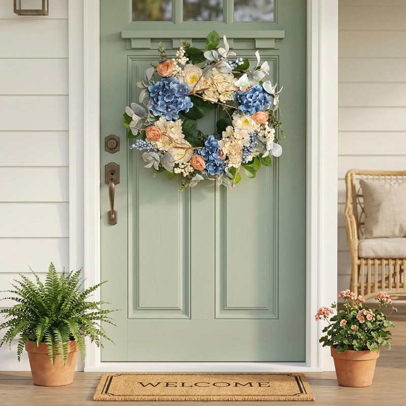 Quixem 22 Inch Hydrangea Wreath for Front Door Decor, UV