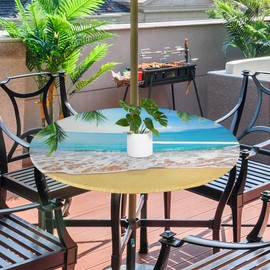 Bardic Outdoor Tablecloth Beach Palm Round Fitted Table Cover with Zipper and Umbrella Hole, Waterproof Elastic Edged Table Cover for Party, Picnic and Patio, Fits Tables up to 36''-44'' Diameter