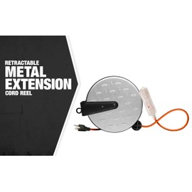 Southwire E215 Metal Extension Cord Reel with Diamond Plate - 30 Foot Retractable 16 Gauge Electrical Cord - Lighted Power Block with 3 Grounded Outlets - Silver & Black