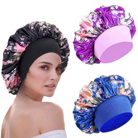 WUBAYI 3Pcs Soft Satin Bonnet, Silk Bonnet Hair Wrap for Sleeping, Sleeping Hair Care Cap Bonnets, Night Sleeping Head Cover Sleeping Hat for Women and Girls Curly Hair(Purple,Black,Aapphire Blue)