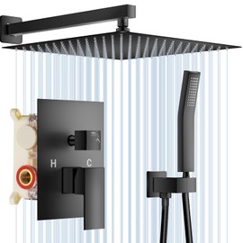 NERDON Shower System, 12 Inch Matte Black High Pressure Rain Shower Head with Handheld, Wall Mounted Mixer Shower Combo Set, Bathroom Rainfall Shower head Shower Faucet Brass Shower Valve and Trim