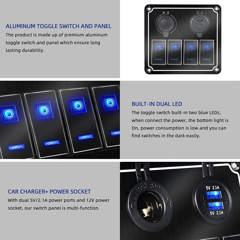 Rocker Switch Panel 4 Gang 12‑24V 5 Pin Blue Light