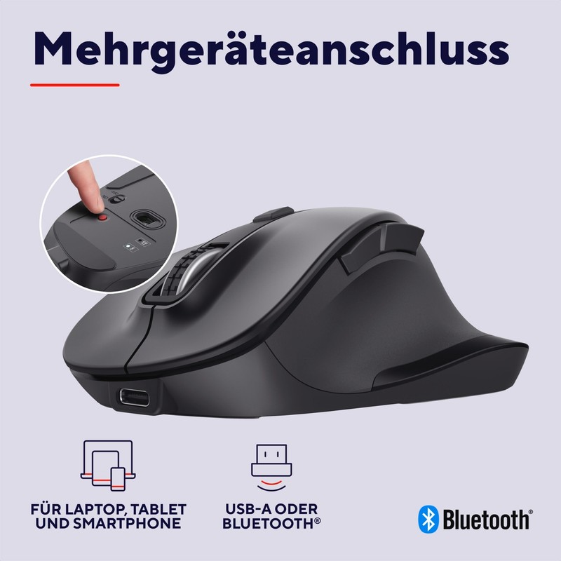 Trust Fyda Aufladbare Kabellose Maus Bluetooth + 2.4GHz, Ergonomische Daumenauflage,