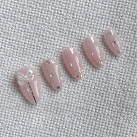 Pink nude tone wedding nail tips twinkle dot ribbon parts, paddy tip - 4. Transparent almond / 핑크 누드톤 웨딩 네일팁 트윙클 도트 리본파츠, 패디팁 - 4. 투명 아몬드
