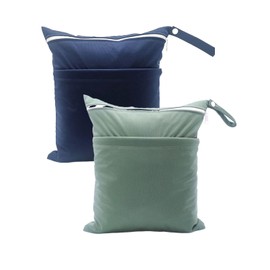 babeine Wet Dry Bags 2 Pack for Baby Cloth Diapers, Waterproof Reusable with 2 Pockets Travel Beach Pool Soiled Baby Items Yoga Gym Bag for Swimsuits or Wet Clothes(Navy Blue,Dark Green)