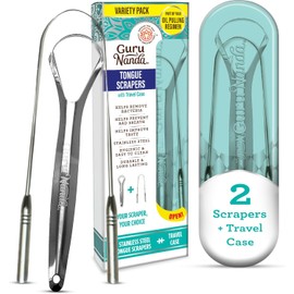 GuruNanda Juego de 2 cucharas y raspador de lengua en forma de U, con estuche de viaje, acero inoxidable 420 de grado médico, promueve el aliento fresco y el cuidado bucal