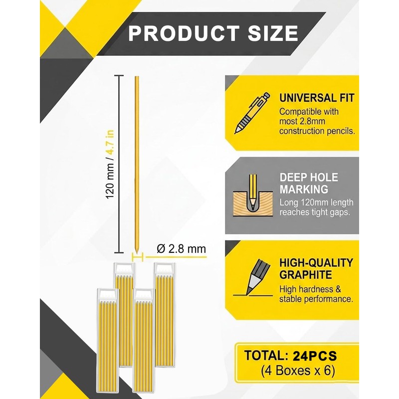DAFNE Pack of 24 Pencil Leads for Carpenter's Pencil, 2.8