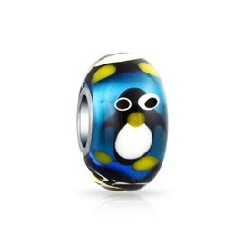 Christmas Holiday Cartoon Animal Blue Penguin Charm Bead Fits European Charm Bracelet For Women For Teen Murano Glass .925 Sterling Silver Core Spacer
