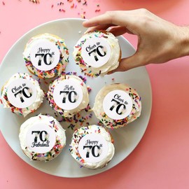 40Pcs Edible Circle Happy 70th Birthday Cupcake Toppers Edible Floral Hello 70 Fabulous Cheers to 70 Cupcake Picks Drink Toppers for Funny Female Floral 70th Birthday Party Decorations