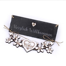 Slate Sign "Herzlich Willkommen mit Blumenelement und Herzlich Willkommen mit Blumenelement und Herz aus Holz" - Sign Front Door Entrance Door Sign Door Decoration Welcome Sign 22 x 16 cm