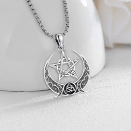 LOOVE Pentagram Necklace for Men Sterling Silver Triple Moon Goddess Pentacle Pendant Celtic Pentagram Necklace for Women Wiccan Jewelry