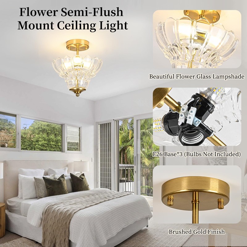 Rainzepher Vintage Gold Semi Flush Mount Light with Floral Class
