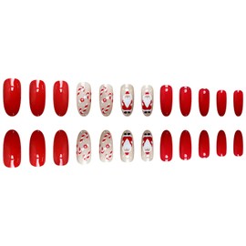 Christmas Press on Nails Almond Fake Nails with Xmas Crutch Pattern, CEWEWP Red Glue on nails for Women Girls, Includes Prep Pad, Mini File, Cuticle Stick, Jelly Glue and 24 False Nails