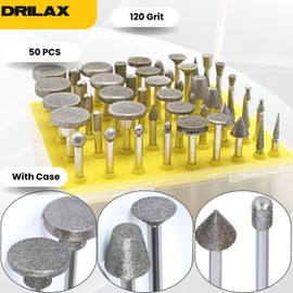 Drilax 50 Pieces Diamond Rotary Tool Bits Precision Stone Carving Tools 120 Grit Rock Carving Tools for Stones Rock Engraving Bits Compatible with Dremel Engraving Bits