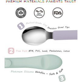 Bakpoco 6 piezas de cubiertos para niños pequeños, tenedores y cucharas de acero inoxidable 316 con mango de silicona para bebés, cubiertos de plata para niños sin BPA, aptos para lavavajillas con