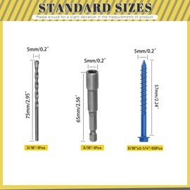 Mardatt 52 Stück 3/16" x 2-1/4" Betonschrauben, geschlitzte blaue Hex Wascher Flachkopf Betonschrauben Ankersatz mit Bohrbohr und Hex Bit Socket, Selbstschraube für Mauerwerk Zementblock Stuck