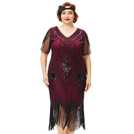 BABEYOND Plus Size 1920s Art Deco Fringed Sequin Dress Flapper Gatsby Costume Dress for Women Red and Black