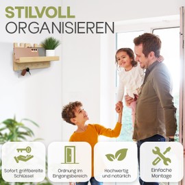 HEIMKÖNIG High-quality key holder with shelf made of pine wood – modern key holder with 6 stainless steel hooks – key rack as an ideal gift for housewarming – includes mounting accessories