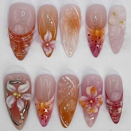 Hkanlre Almond Fake Nude Nails Tips Full Cover False Medium Nails Summer Flower Press on Nails for Women 24PCS