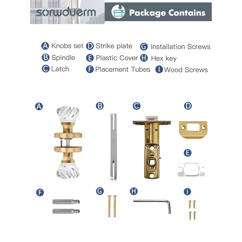 SORWDUERM 1 Pack Crystal Door Knobs Gold Door Knob Brushed