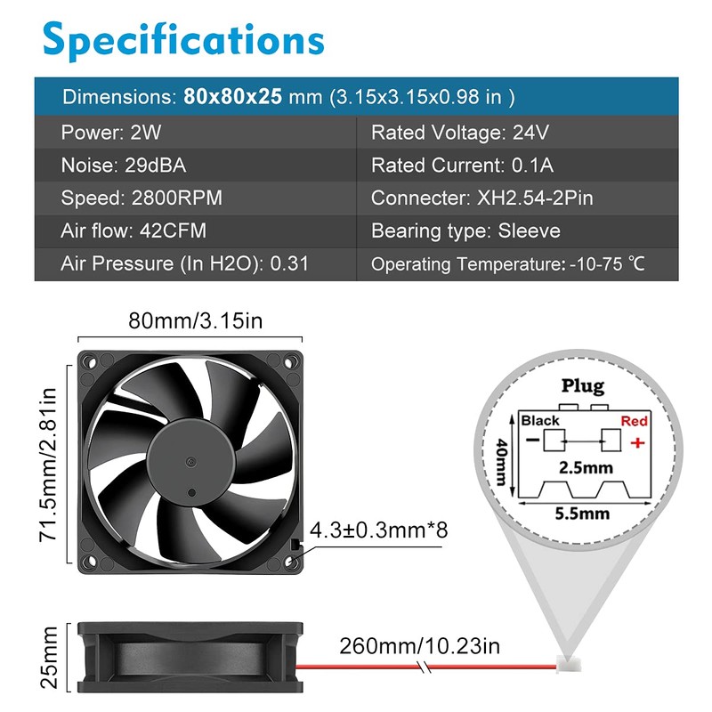 Wathai 80mm 24V DC Cooling Fan 2Pin 24Volt 80mm x