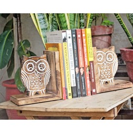 eTroves Wooden Bookends for Shelves, Heavy Books, Decorative Book Ends for Home and Office Set of 2 White Wood Owl 6 Inch