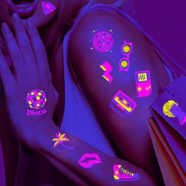 Qpout Glow in the Dark Temporary Tattoos Hot Pink Preppy Neon Luminous Tattoos Stickers Fluorescent Party Face Tattoos for Girls Adults for Preppy Favourites Supplies