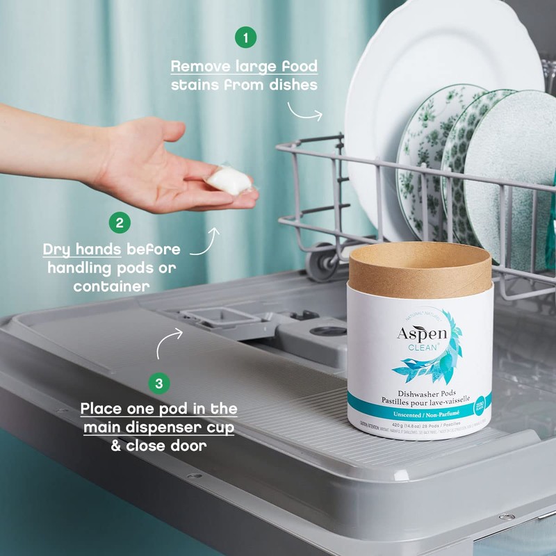 Unscented Dishwasher Pods by AspenClean, Dye-Free, Zero Plastic, EWG Verified™,