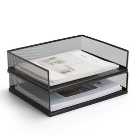 AZFUNN Wire Mesh Letter Trays Paper Tray Desk File Organizer, 2 Pack Stackable Metal Front-Load Documents Tray for Office Supplies File (Transverse)
