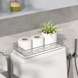 JNFUZ Toilet Paper Basket, 13 Inch Oak and Iron Bathroom Tank Tray Top of Toilet Storage Toiletries Organizer for Bathroom, Living Room and Kitchen (White)