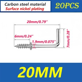 Qrity 20 mm L Hook Screws, Small Screw Hooks, Wall Hooks with Thread, Right Angle Ceiling Hooks for Hanging Plants Decorations, Pack of 20