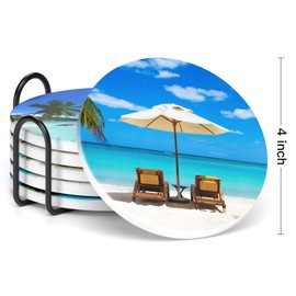 Nipichsha Coasters for Drinks, Set of 6 Cute Absorbent Ceramic Drink Coasters for Cup with Holder and Cork Base, Kitchen Home Decor Housewarming Gift, Round 4 in, Happy Beach