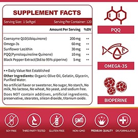 ZEBORA CoQ10-200mg-Softgels with PQQ, BioPerine & Omega-3, 120 Servings Coenzyme Q10(Ubiquinone) Supplement for High-Absorption, Powerful-Antioxidant,
