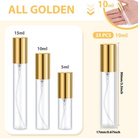 Yinder 25 Pcs 10 ml Glass Refillable Perfume Bottles Bulk Travel Empty Perfume Atomizer Sprayers Portable Spray Bottles Mini Sample Fragrance Containers, Gold