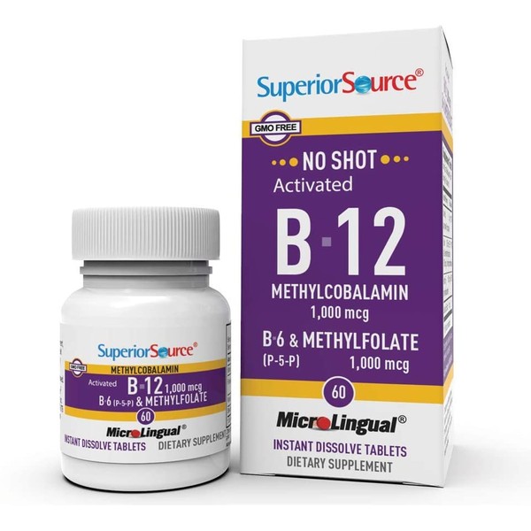 Superior Source No Shot Vitamin B12 Methylcobalamin 1000 mcg Sublingual - B6 - Methyl Folate - Instant Dissolve Tablets - Methyl B12 Supplement 60 Count