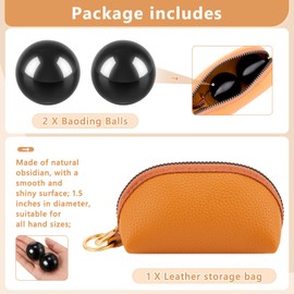 AceOrbit 2 Pcs Black Obsidian Baoding Balls for Hand Therapy, Chinese Health Exercise Massage Balls with Leather Pouch for Stress Relief Hand Exercise Anxiety Reduction, and as Holiday Gifts