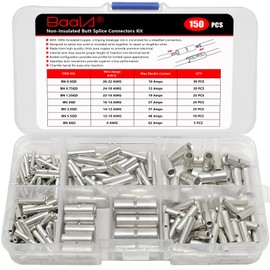 BAALA 150 PCS Non Insulated Butt Connectors Kit,26-8 Gauge Butt Splice Connector Crimp Barrel Splice Connectors, Tinned Copper Marine Grade Seamless Uninsulated Butt Terminals