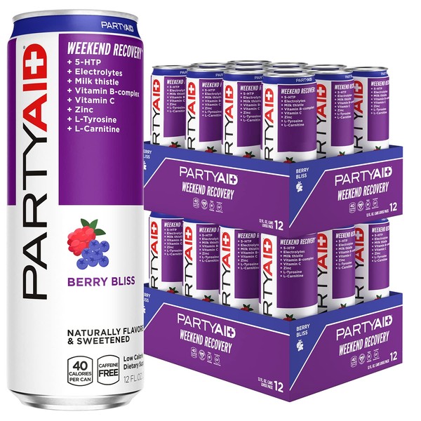 PARTYAID Rehab Blend, Feel Good Tonight and Tomorrow, Contains 5-HTP, B-Complex, Milk Thistle, Electrolytes, No Artificial Flavors or Sweeteners, Caffeine-Free, 12 Fl Oz (Pack of 24)