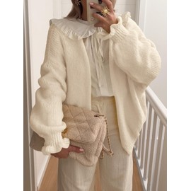 Saodimallsu Womens Oversized Open Front Cardigan Fall Ruffle Lantern Long Sleeve Chunky Knit Loose Sweater Coats Light Khaki