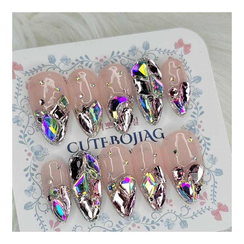 Pink Full Stone Gra Handmade Nail Tip Pedi Tip -