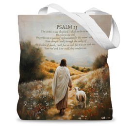LADOCK Christian Jesus and Lamb Tote Bag, the Lord Is My Shepherd Psalm 23 Bible Verse Canvas Tote Bags for Women, Jesus Leaves the 99 Sheep Religious Reusable Grocery Shopping Bags