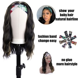 Glueless Headband Wig Synthetic Long Black Body Wave Headband Wigs for Black Women Natural Looking Wavy Wig Heat Resistant 180% Density(16inch, 1B/H27#)