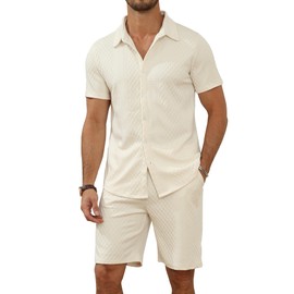 MLANM Men's 2 Piece Outfit Summer Short Sleeve Button Down Shirts and Shorts Sets with Pockets M-Beige