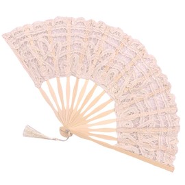 Propupy Retro Cotton Lace Fan with Bamboo Staves and Silk Tassels, Beige, Length 10.65" x Width 19.2", Handmade, Portable, Great for Weddings, Parties, and Decoration