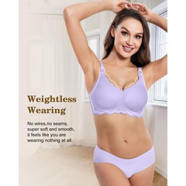 HORISUN Bras for Women No Underwire V Neck Scalloped Wireless Bralettes with Soft Support Comfort Full Coverage Seamless Bra (Light Purple,XL)