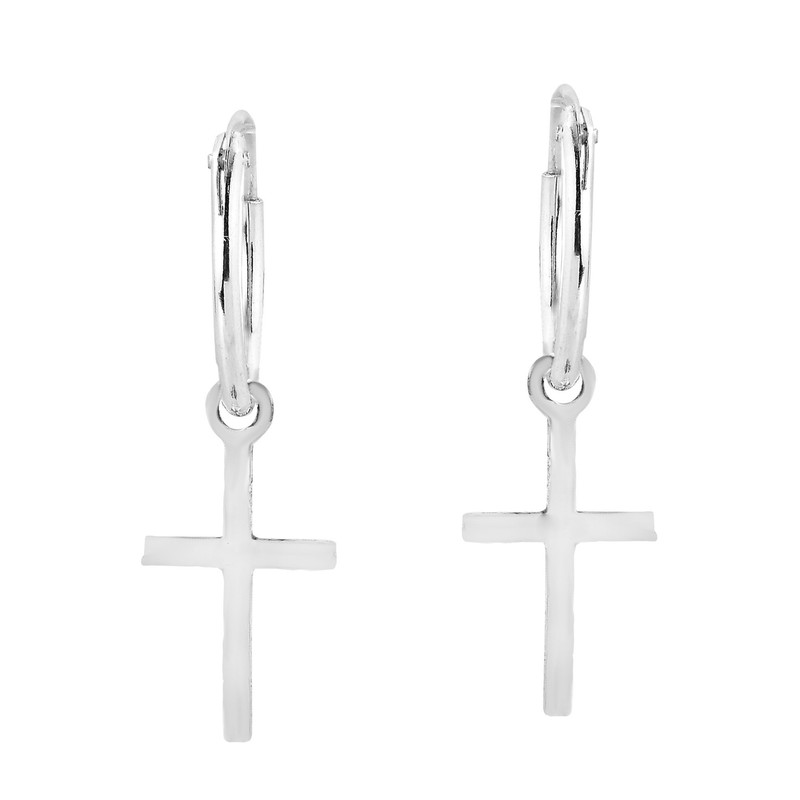 AeraVida Grid Pattern Cross Dangling Sterling Silver Hoop Earrings |
